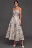 Dusty Blue Jacquard Sweetheart A Line Midi Summer Wedding Guest Dress