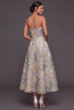 Dusty Blue Jacquard Sweetheart A Line Midi Summer Wedding Guest Dress