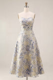 Dusty Blue Jacquard Sweetheart A Line Midi Summer Wedding Guest Dress