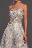 Dusty Blue Jacquard Sweetheart A Line Midi Summer Wedding Guest Dress