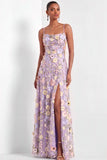 Lilac Floral A Line Appliqued Maxi Wedding Guest Dress with Slit