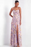 Lilac Floral A Line Appliqued Maxi Wedding Guest Dress with Slit