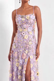 Lilac Floral A Line Appliqued Maxi Wedding Guest Dress with Slit