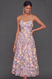 Lilac Floral Appliqued A Line Long Wedding Guest Dress