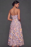 Lilac Floral Appliqued A Line Long Wedding Guest Dress