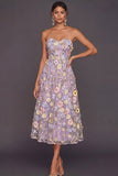 Lilac Floral Appliqued A Line Long Wedding Guest Dress