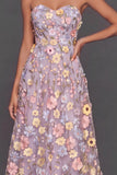 Lilac Floral Appliqued A Line Long Wedding Guest Dress