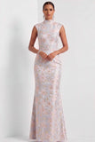 Pink and Blue Mermaid Floral Cap Sleeves Long Wedding Guest Dress