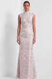 Pink and Blue Mermaid Floral Cap Sleeves Long Wedding Guest Dress