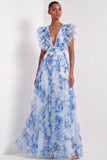 Light Blue Floral A Line V Neck Long Wedding Guest Dress