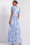 Light Blue Floral A Line V Neck Long Wedding Guest Dress