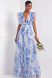 Light Blue Floral A Line V Neck Long Wedding Guest Dress
