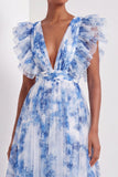 Light Blue Floral A Line V Neck Long Wedding Guest Dress