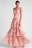 Pink A Line Floral Tiered Long Wedding Guest Dress