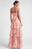 Pink A Line Floral Tiered Long Wedding Guest Dress