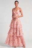 Pink A Line Floral Tiered Long Wedding Guest Dress