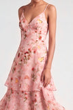 Pink A Line Floral Tiered Long Wedding Guest Dress