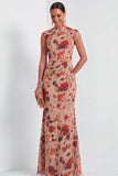 Dusty Rose Floral Mermaid Long Wedding Guest Dress