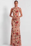 Dusty Rose Floral Mermaid Long Wedding Guest Dress