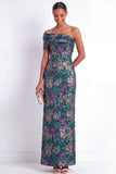 One Shoulder Sheath Floral Navy Long Wedding Guest Dress with Slit