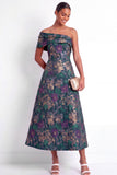 Jacquard Navy Floral A Line Long Wedding Guest Dress