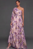 Wisteria A Line Ruffled One Shoulder Long Wedding Guest Dress