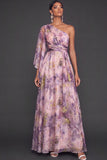 Wisteria A Line Ruffled One Shoulder Long Wedding Guest Dress