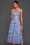 Blue A Line Sweetheart Floral Midi Summer Wedding Guest Dress