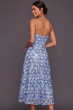 Blue A Line Sweetheart Floral Midi Summer Wedding Guest Dress
