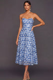 Blue A Line Sweetheart Floral Midi Summer Wedding Guest Dress