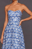 Blue A Line Sweetheart Floral Midi Summer Wedding Guest Dress