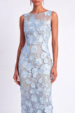 Sheath Light Blue Floral Appliqued Long Wedding Guest Dress