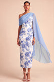 Sheath Floral One Shoulder Light Blue Long Wedding Guest Dress with Slit
