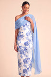 Sheath Floral One Shoulder Light Blue Long Wedding Guest Dress with Slit