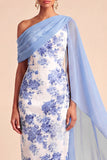 Sheath Floral One Shoulder Light Blue Long Wedding Guest Dress with Slit