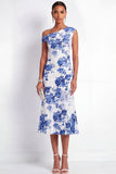 Light Blue Floral One Shoulder Midi Wedding Guest Dress