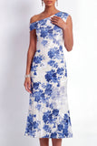 Light Blue Floral One Shoulder Midi Wedding Guest Dress