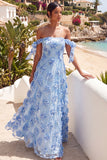 Light Blue Appliqued Floral Long Wedding Guest Dress
