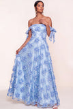 Light Blue Appliqued Floral Long Wedding Guest Dress