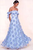 Light Blue Appliqued Floral Long Wedding Guest Dress
