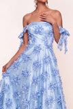 Light Blue Appliqued Floral Long Wedding Guest Dress