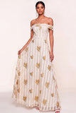 Floral A Line Ivory Off the Shoulder Long Wedding Guest Dress