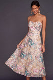 Sparkly Sequined A Line Ivory Floral Long Wedding Guest Dress