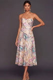 Sparkly Sequined A Line Ivory Floral Long Wedding Guest Dress