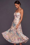 Sparkly Sequined A Line Ivory Floral Long Wedding Guest Dress