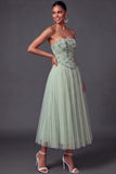 Dusty Sage Floral Corset Pleated Long Wedding Guest Dress