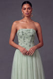 Dusty Sage Floral Corset Pleated Long Wedding Guest Dress