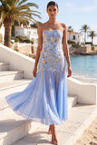 Floral Embroidered A Line Light Blue Long Wedding Guest Dress