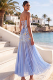 Floral Embroidered A Line Light Blue Long Wedding Guest Dress