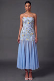Floral Embroidered A Line Light Blue Long Wedding Guest Dress